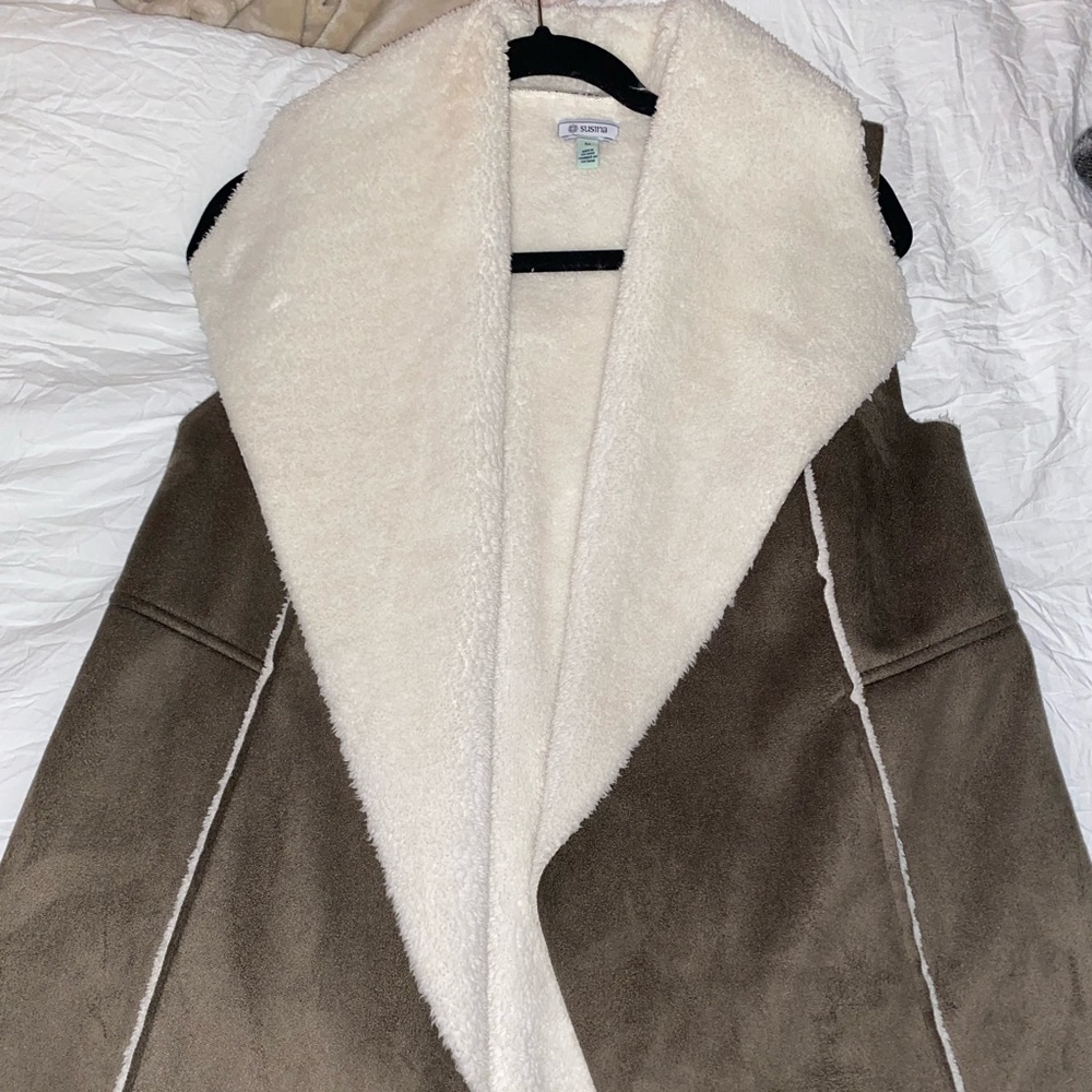 Olive Green Faux Suede Sherpa Vest